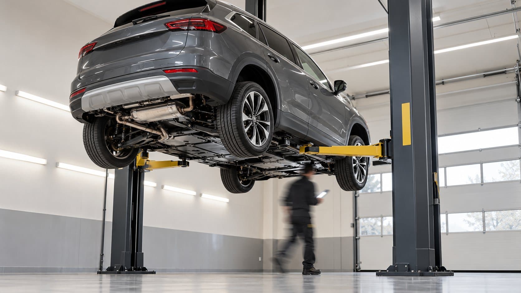 SUV na dvojstĺpovom zdviháku v dielni ROYAL CAR, technik pripravuje antikoróznu ochranu podvozku